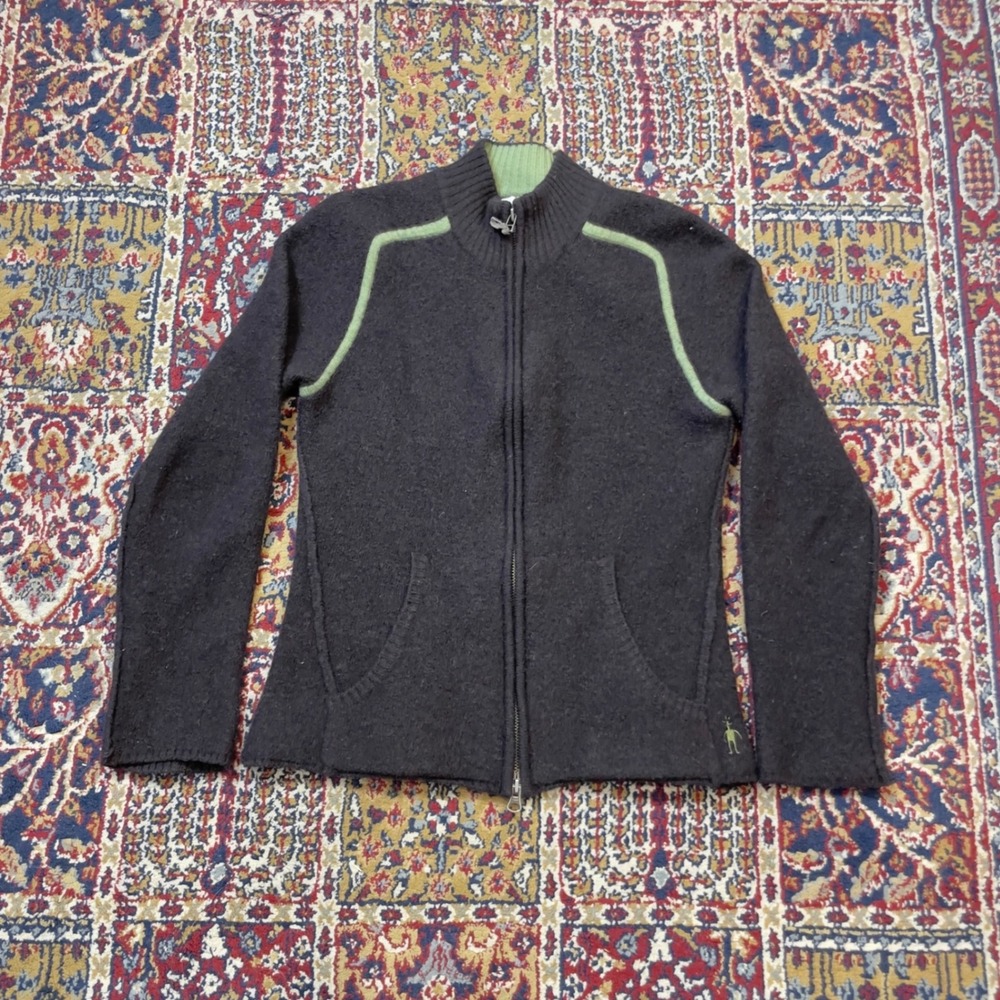 00s Smartwool Womens Small 100% Merino Wool Full Zip Sweater Brown Green Stripe